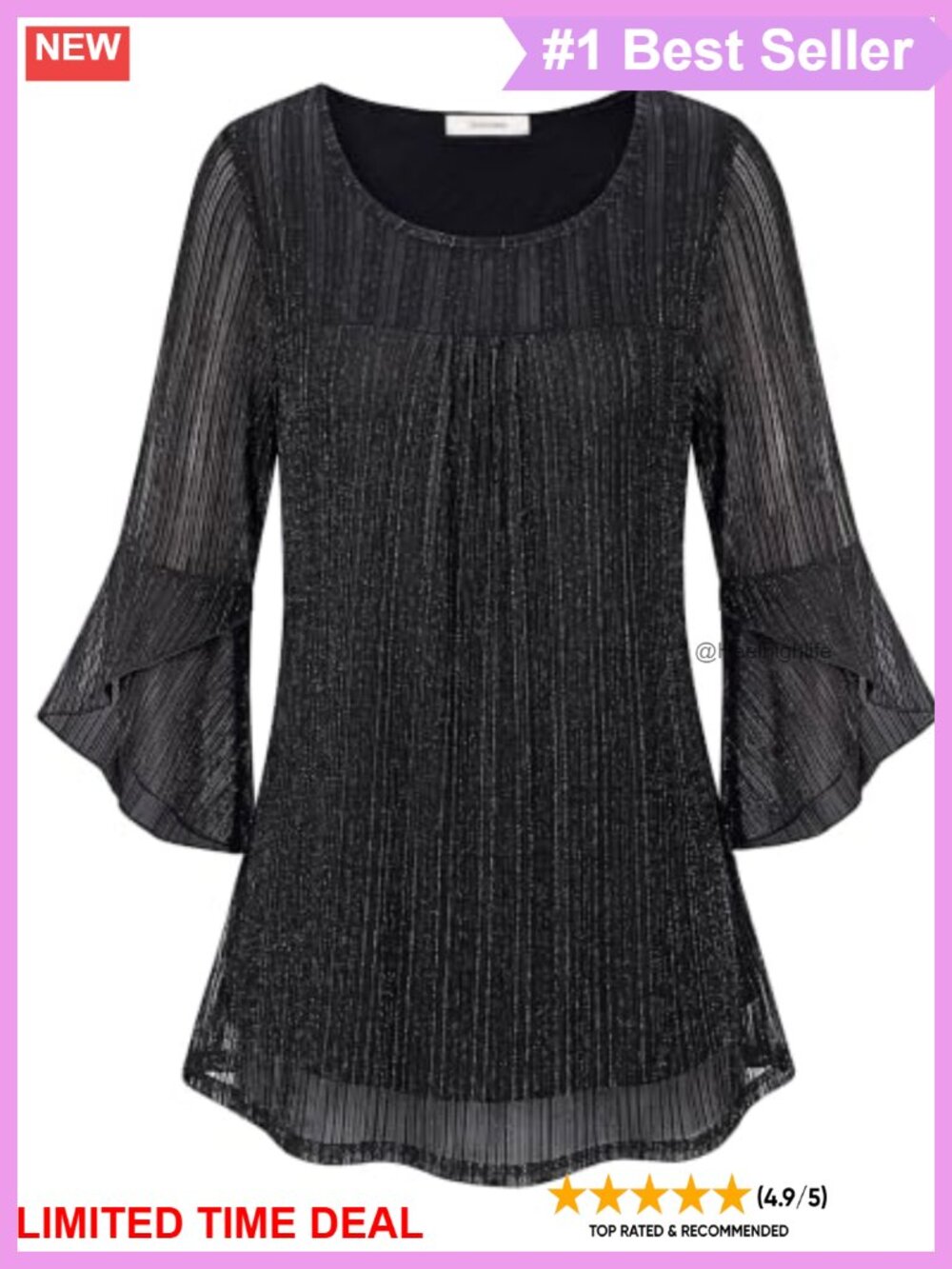 Women's Ruffle 3/4 Sleeve Mesh Tunic Blouse Elegant Dressy Top